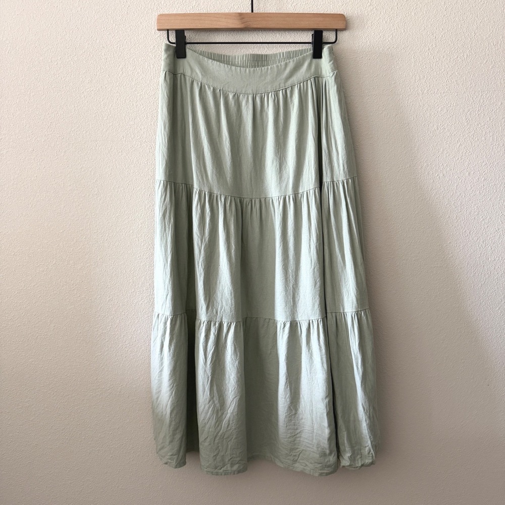 MATTY M Womens Skirt Linen Blend Tiered Maxi Boho Coastal Cottagecore Size M